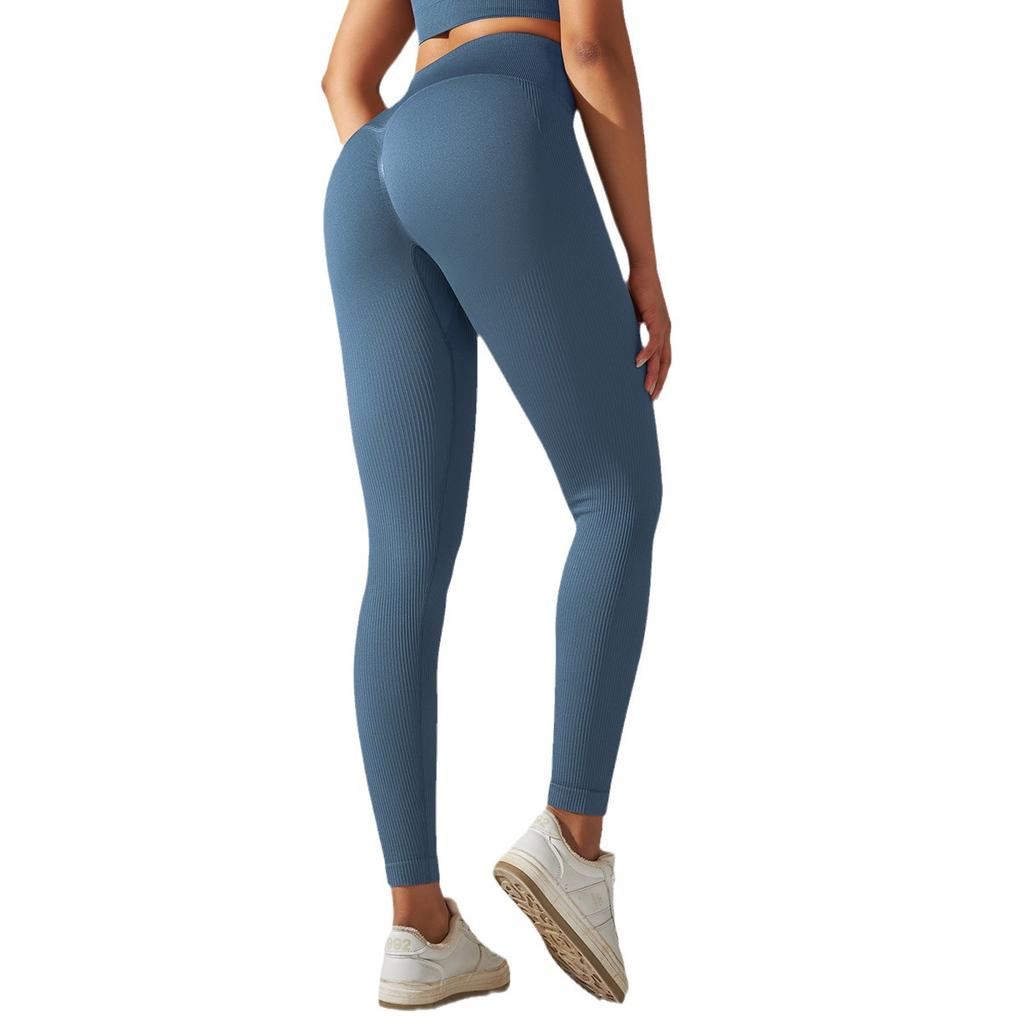 Seamless Knitted Peach Lift Buttocks Solid Color Tight Striped High Waist Yoga Pants Sports Running Fitness Pants Women
