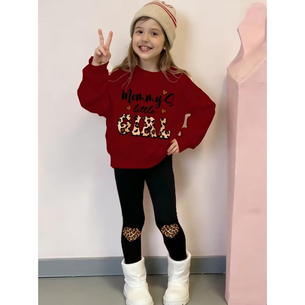 Girls' Leopard Letter Casual Comfortable Soft Loose Pullover Sweatshirt and Leggings 2-Piece Set, New Autumn/Winter, Playful, Sweet and Cool Style