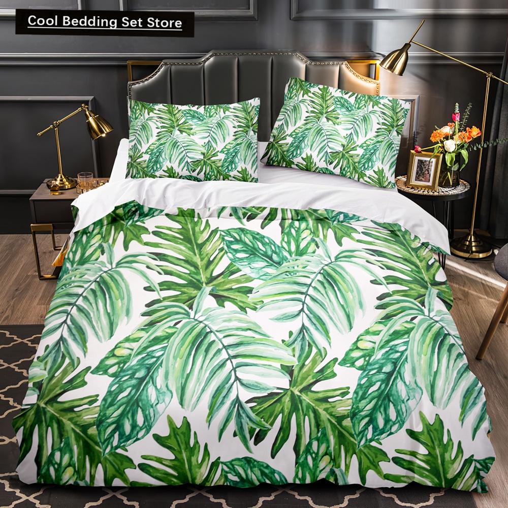 Tropical Plants Floral King Queen Duvet Cover Green Palm Leaves Bedding Set Cream-colored Flowers 2/3pcs Polyester Quilt Cover