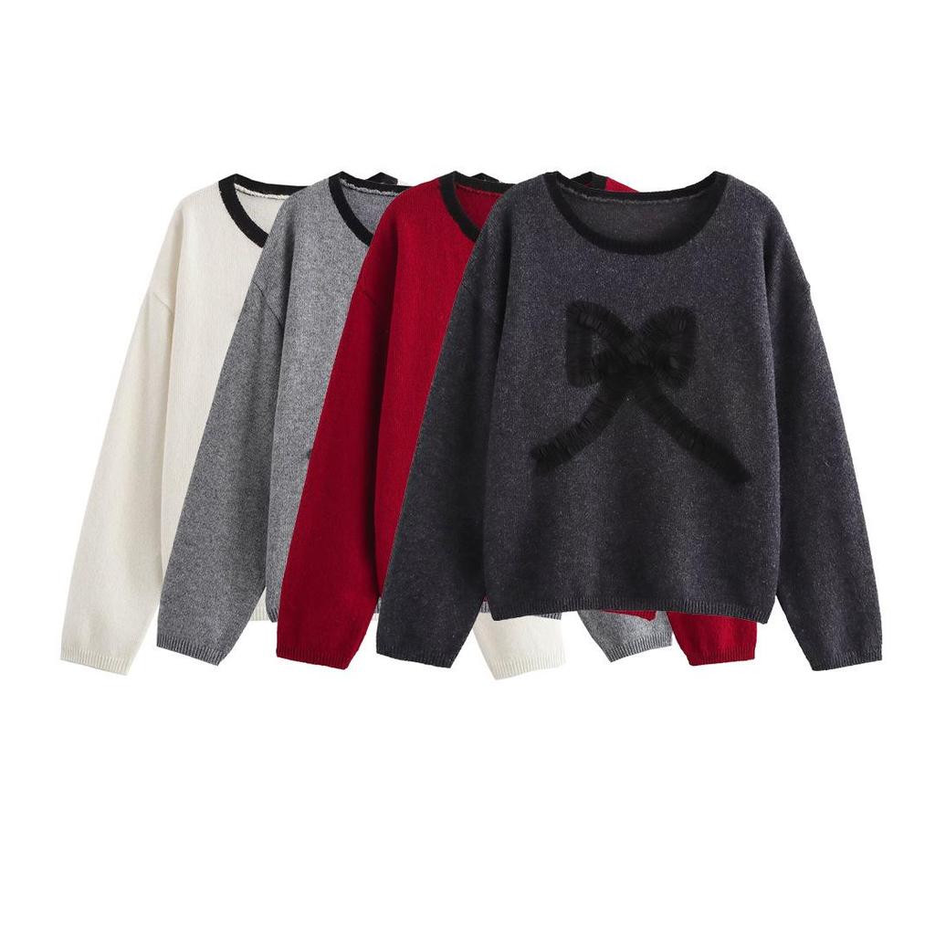 2024 Autumn Women's European & American Style 3D Bow Color Block Round Neck Knit Sweater