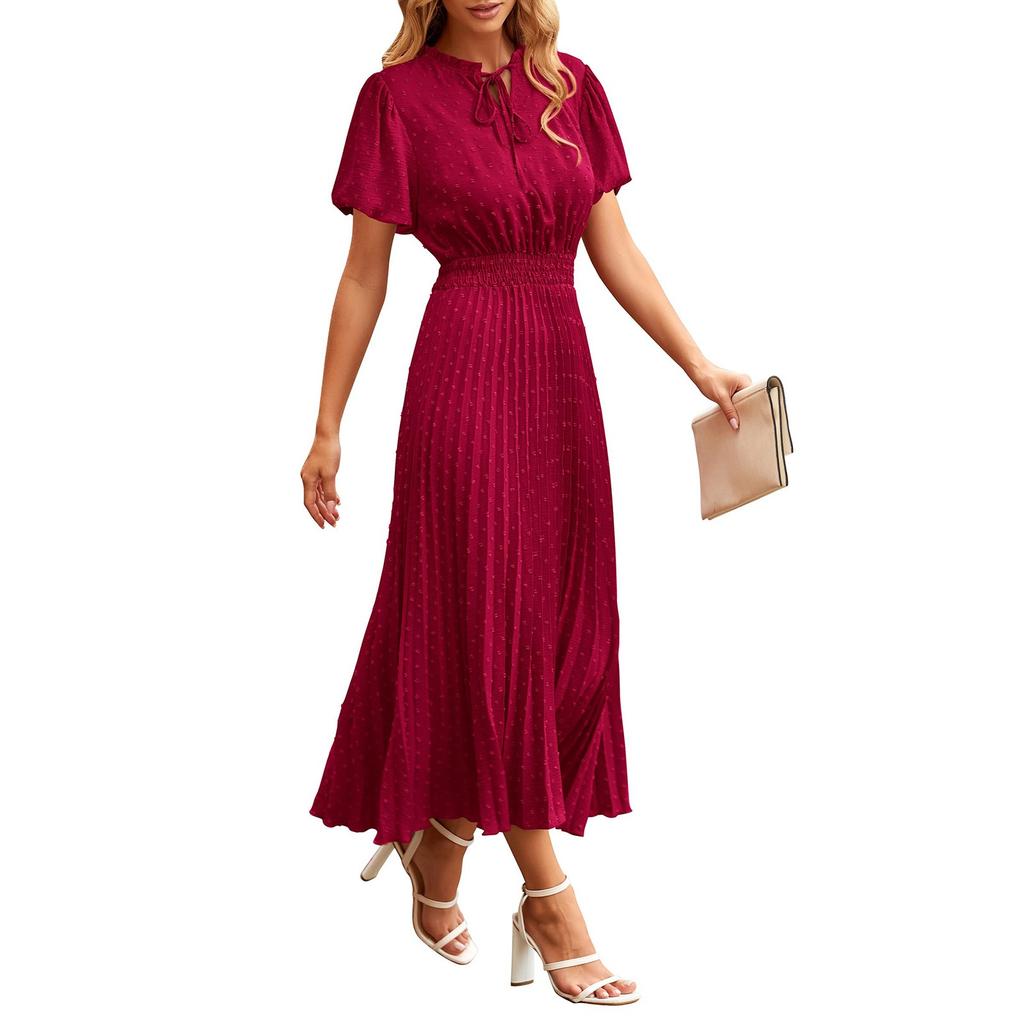 Women's Summer Fashion Loose V-Neck Short Sleeve Tie Solid Color Dresses