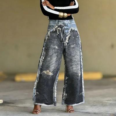 European And American Style Loose Splicing Fake Two-piece 3D Printed Straight Leg Jeans For Women
