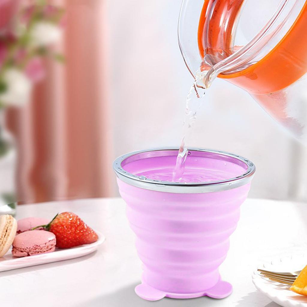 Silicone Foldable Water Cup Ultrathin Collapsible Travel Cup with Hand Strap for Outdoor Camping and Hiking Purple 270ml