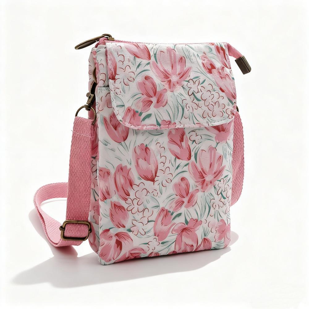 Japanese Floral Canvas Phone Crossbody Bag Women Multi Pocket Shoulder Bag Travel Passport Wallet Cell Phone Purse with Adjustable Strap