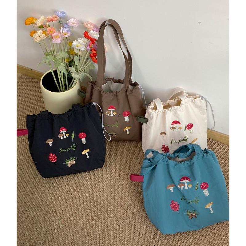 Thickened Model~ Vintage Nylon Tote Bag Large Capacity Embroidered Shoulder Bundle Mouth Bag Student Class Commuter Bag