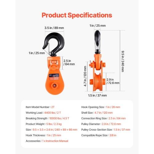 VEVOR 2 Ton Snatch Block with Swivel Hook, 3" Sheave 3/8" Inch Wire Rope