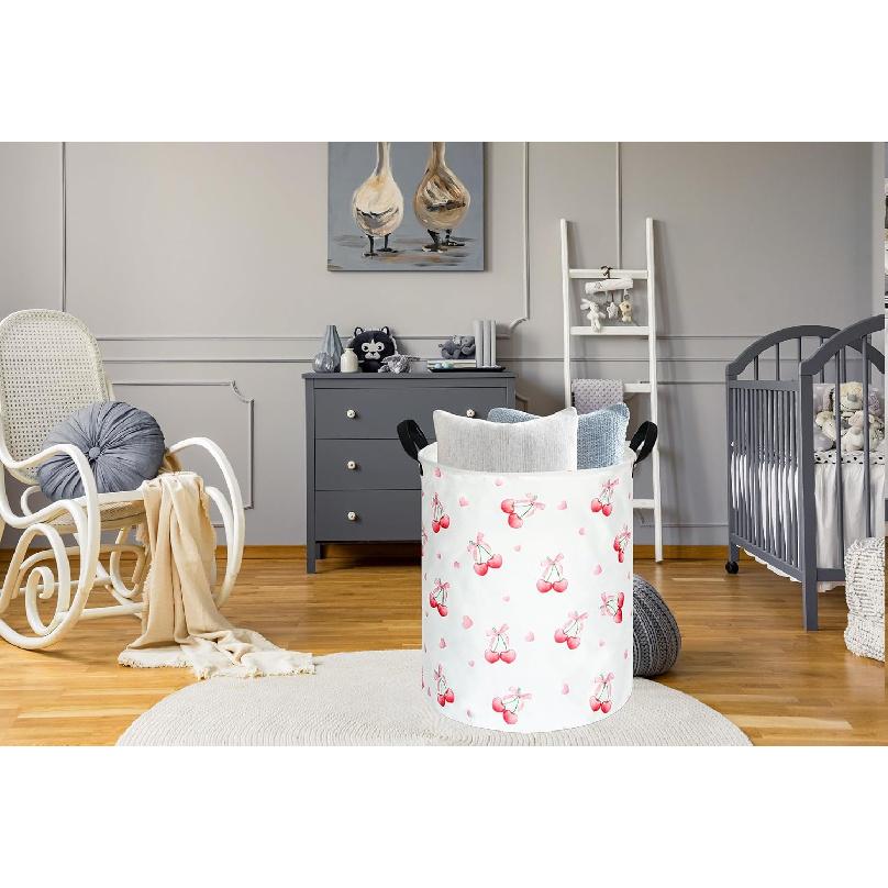 Cherry Print Round Laundry Hamper Storage Basket B Clothes Nursery Hamper for Home, Gift Storage B with Handles