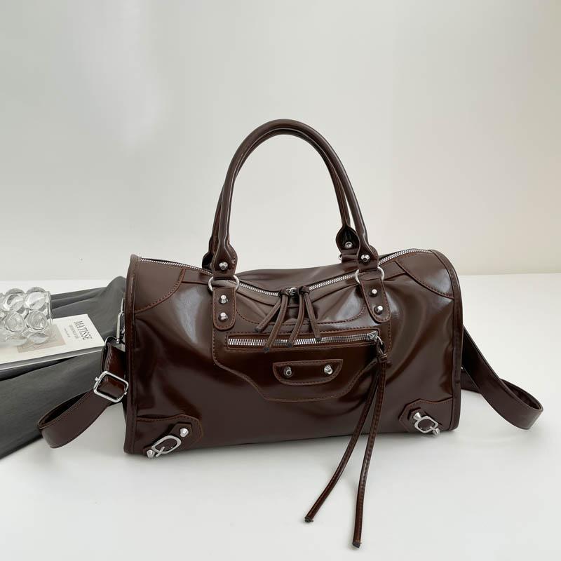 Glossy Faux Leather Duffel Bag Women's Fashion Shoulder Tote with Front Zip Pocket and Adjustable Strap