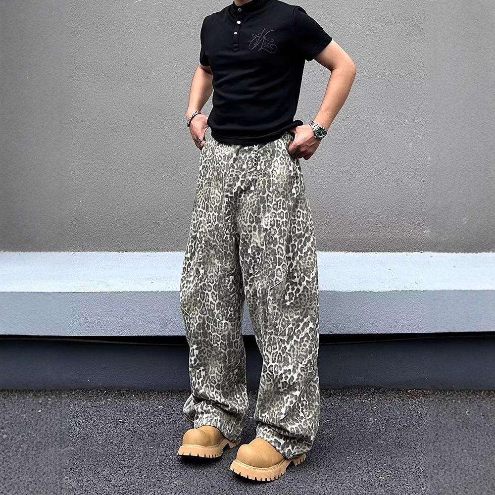 American street vibe retro washed old leopard print jeans men's and women's design scimitar loose wide-leg pants
