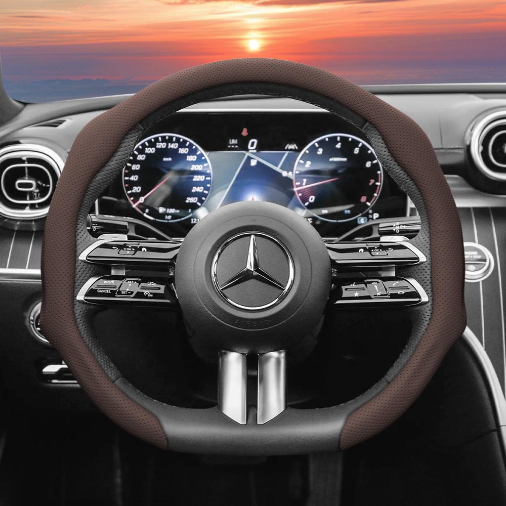 Suitable for Mercedes-Benz Perforated Leather Steering Wheel Cover, Non-Slip, Sweat-Absorbent, Breathable, Integrated Protective Case V 