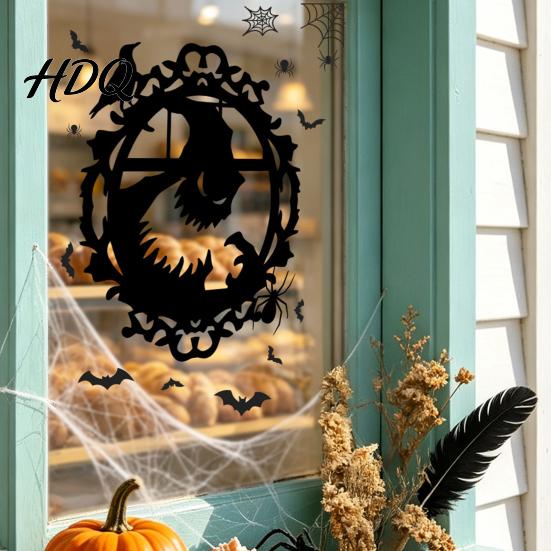 Reusable Festival Decor Halloween Static Window Clings Skeleton Witch Pumpkin Bat Silhouette Glass Stickers Outdoor Murals Removable Decals