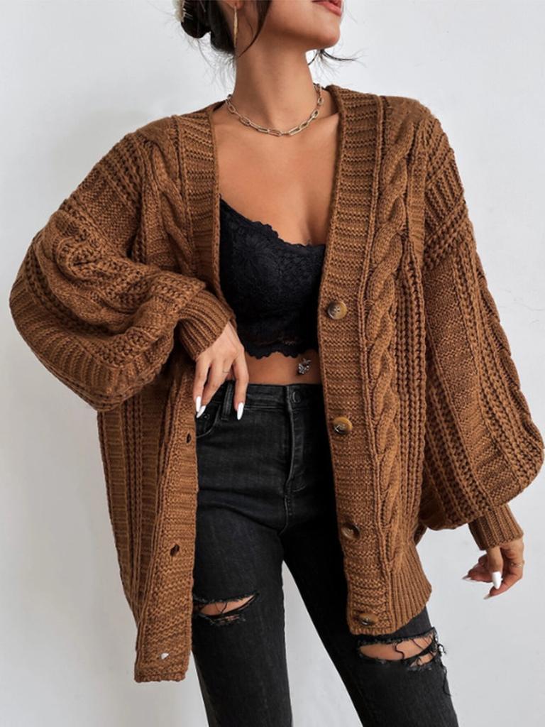 Women's Oversized V-Neck Knit Sweater Vintage Style Cardigan Long Sleeve Shawl