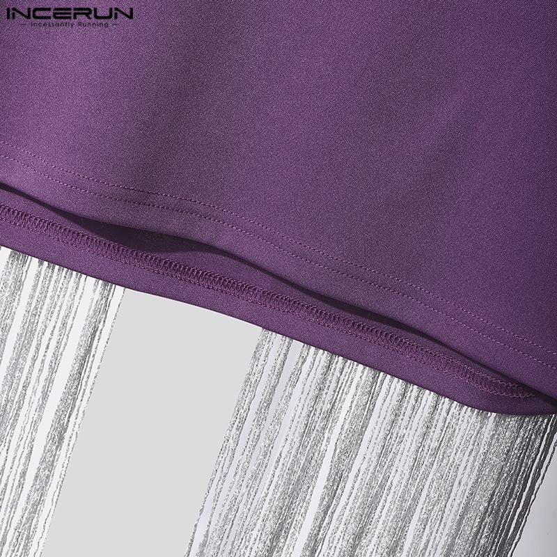 INCERUN Men O Neck Long Sleeve Front Glitter Tassel Short Crop Tops