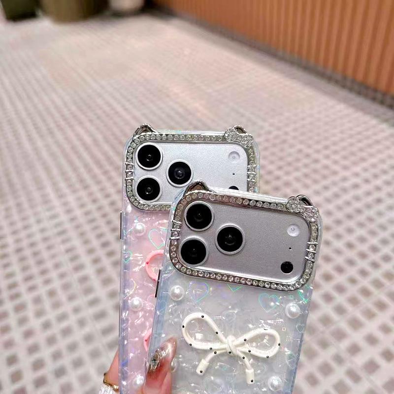 iPhone 17 Pro Max Korean-Style Bow Pattern Pearl Phone Case