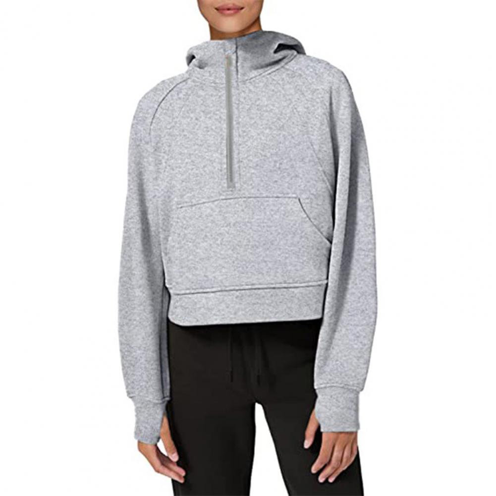 Stand Collar Long Sleeve Front Pocket Zipper Half Placket Thumbhole Design Fleece Lining Women Hoodie Autumn Solid Color Loose H