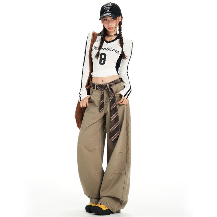 Khaki American sweet cool tooling style high waist wide leg jeans women loose drape lazy babes mopping pants cotton