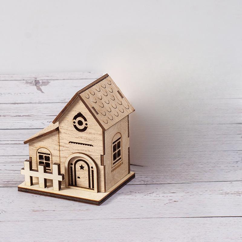 Christmas Wooden Atmosphere Luminous Small Wooden House Decorations Home Furnishings Holiday Wooden Handicraft Decorations