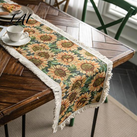 Farmhouse Style Table Cover Floral Jacquard Runner Boho Fringed Retro Vintage Runners for Dining Table Home Party Decor Autumn Decorations