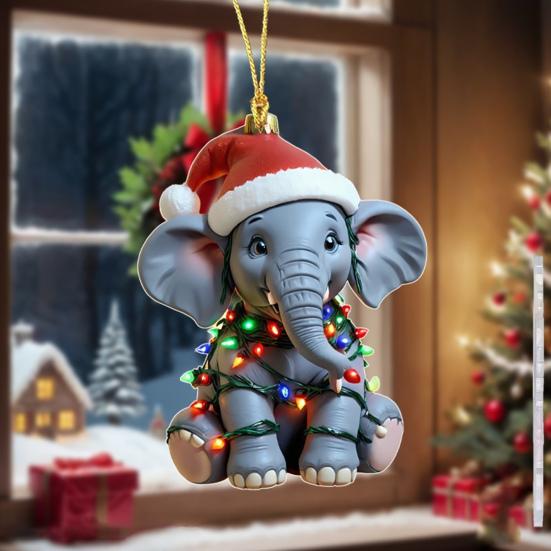 Slon Vánoční ozdoba 2D Plochá Akrylová Slon Vánoční ozdoba na stromeček Dárky pro milovníky zvířat Ženy Dívky
