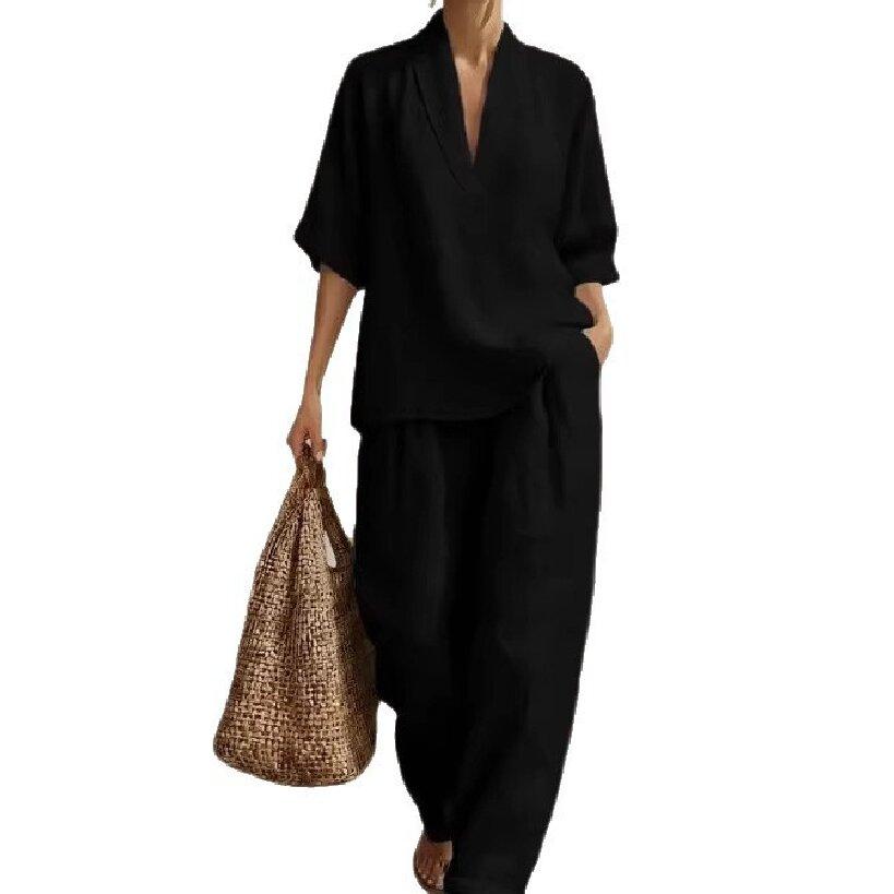 Frühling und Sommer Europäischer und Amerikanischer Stil Damen Einfarbig Bequem Minimalistisch Leinen Zweiteiliges Set