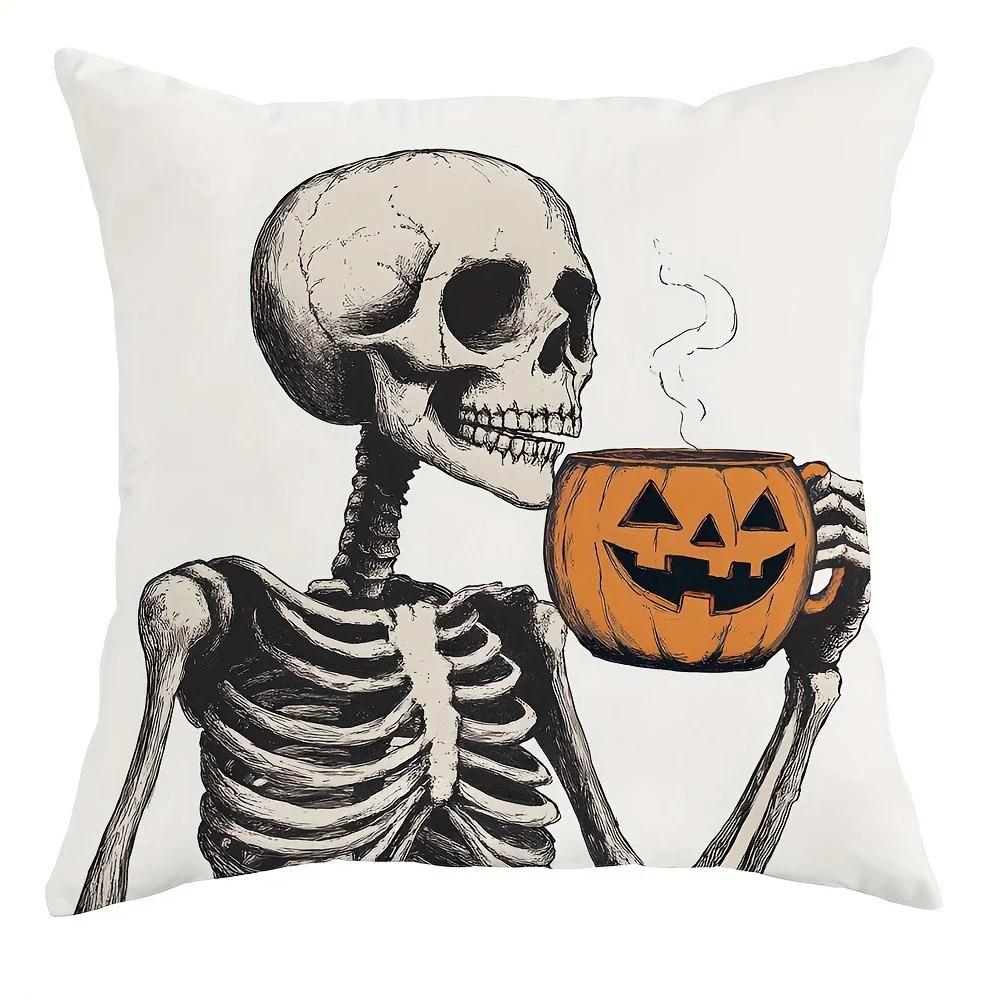 Skull Pumpkin Printed Pillowcase, Gothic Style Sofa Cushion Cover, Horror Themed Living Room Decoration, Halloween Home Goods
