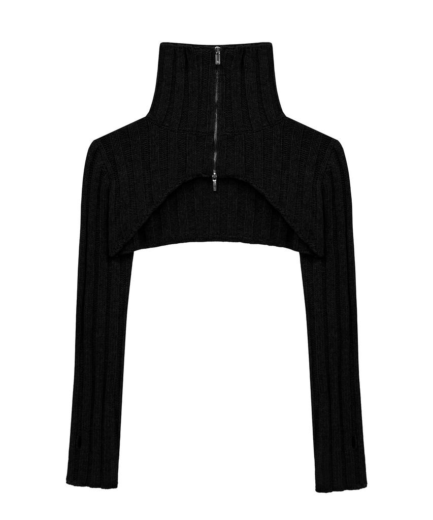 Teulimingbeodeu High-Neck Bolero Knit Zip-Up [ Black ]