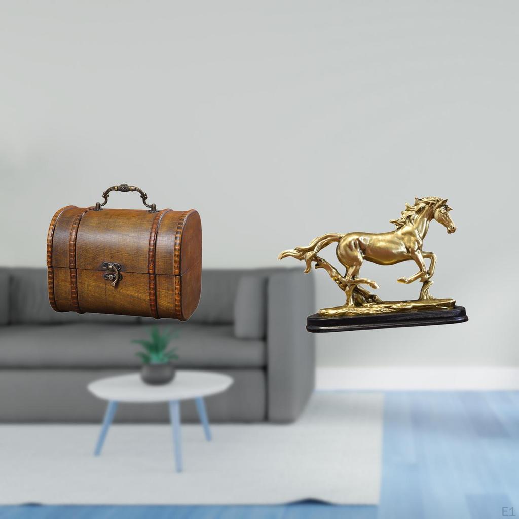 Vintage Wooden Jewelry Box Organizer with Horse Sculpture Figurine Artwork Collectible Art Ornament