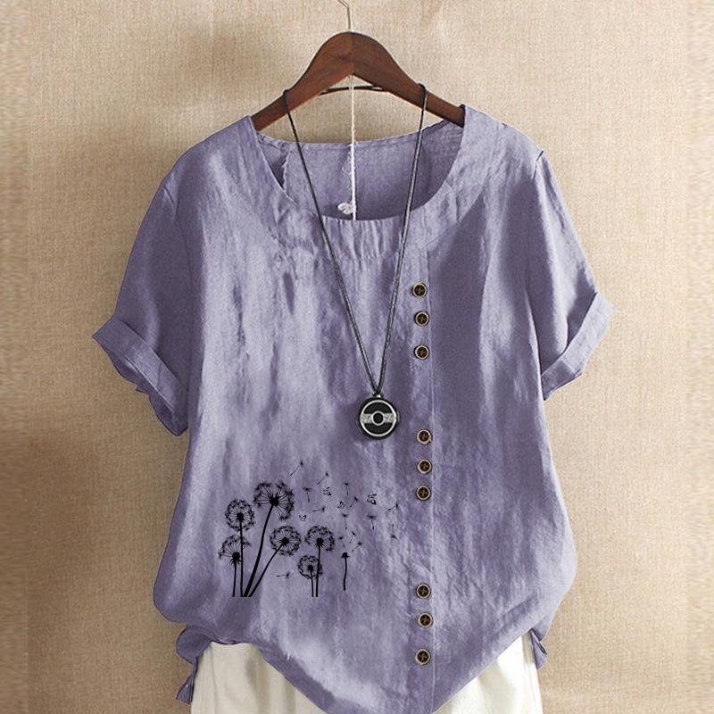 Women's Fashion Black Dandelion Prined Short Sleeve T-shirt Loose Cotton Shirt Casual Loose Summer Plus Size Blouse Tops