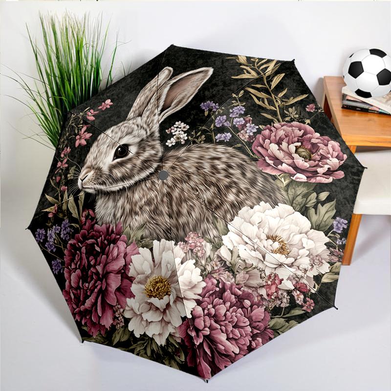 Retro Coffee Bunny Umbrella Automatic Open/close, Sturdy Iron Frame & 8-Rib Structure, Umbrella for Women & Men, Christmas Gifts