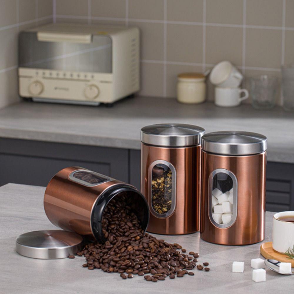 3PCS Clear Window Tea Tank Kit Stainless Steel Grains Storage Jars Desk Ornament Nuts Cans  Kitchen