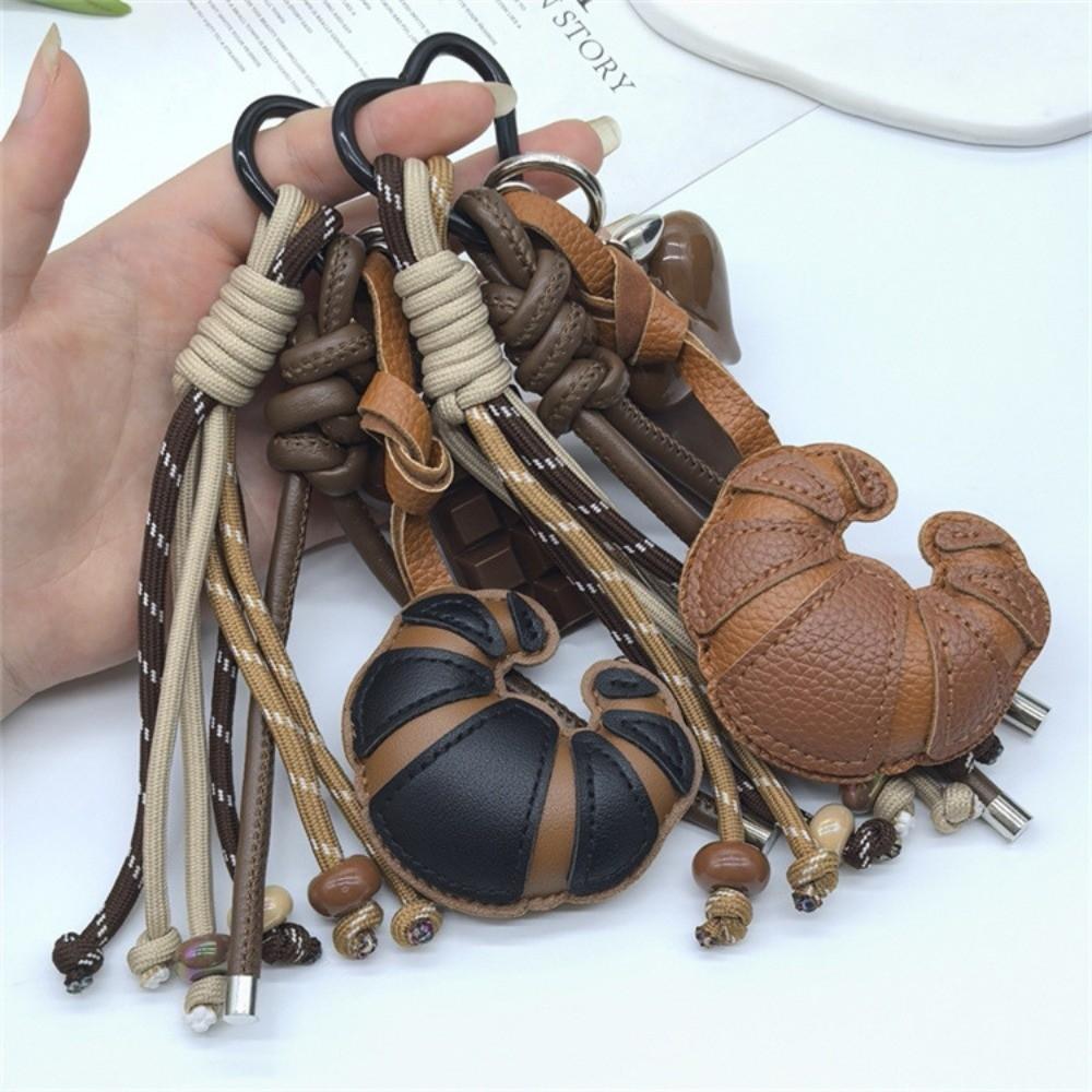 New Braided Rope Croissant Keychain Heart Chocolate Bag Pendant Leather Bread Shape Bag Charms Ornaments Bag Decoration