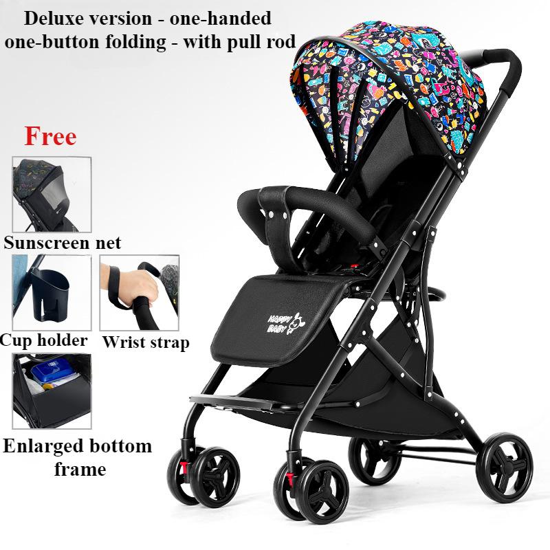 One Click Folding Baby Stroller Can Sit & Lying Foldable Portable Lightweight Baby Strolling Cart Large Space Adjustable Backset