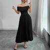 Women's Off Shoulder Pleated High Waist Midi Dress Elegant Party Dress Evening Gown