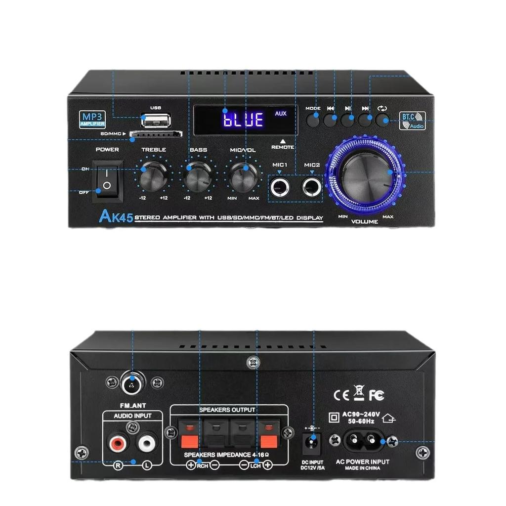 AK45 2-Kanal Bluetooth Stereo-Verstärker mit USB SD AUX FM-Eingang LCD-Display Mikrofon-Eingang Fernbedienung