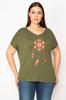 Women's Big Size Blouse Plus Size Khaki Embroidery Detailed V-Neck Low Sleeve Blouse