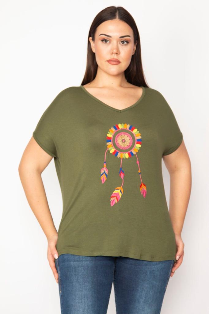 Women's Big Size Blouse Plus Size Khaki Embroidery Detailed V-Neck Low Sleeve Blouse