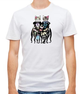 Mode Katze Zeichnung Illustration Kunst Kurzarm Weißes T-Shirt Herren F430