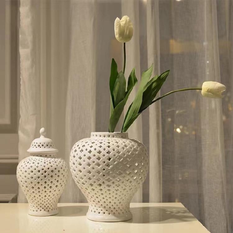 Vaso di Zenzero in Ceramica Traforata con Coperchio Vasi in Porcellana Contenitore Floreale per Ingresso Tavolo Centrotavola Decorazione