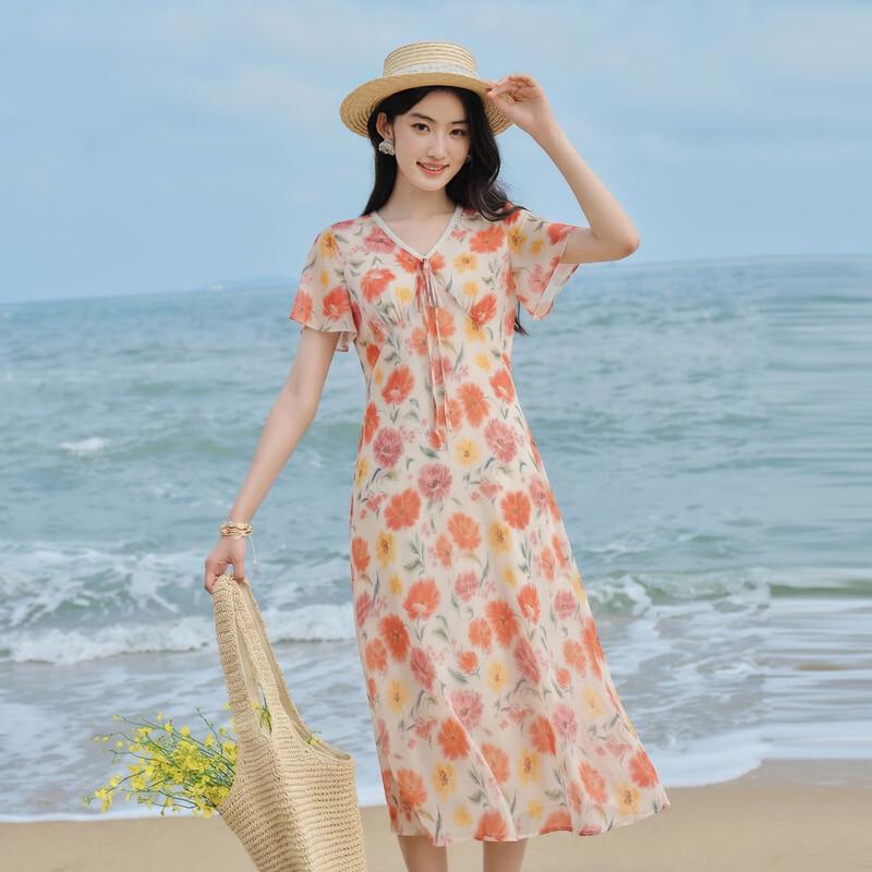 Elegant V-neck Floral Print A-line Midi Dress M