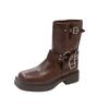 British Style Simple Black Thick Sole Knight Boots Fashion Slip On 4cm Mid Heel Belt Buckle Women Shoes Retro Fashion Short Boot