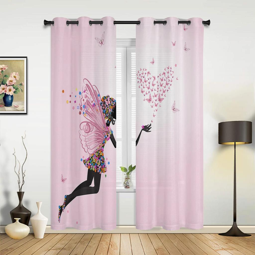 Niña Bailarina de Ballet Flor Rosa Mariposa Cortinas para Dormitorio Sala de Estar Cortinas Cocina Ventana Infantil Decoración del Hogar