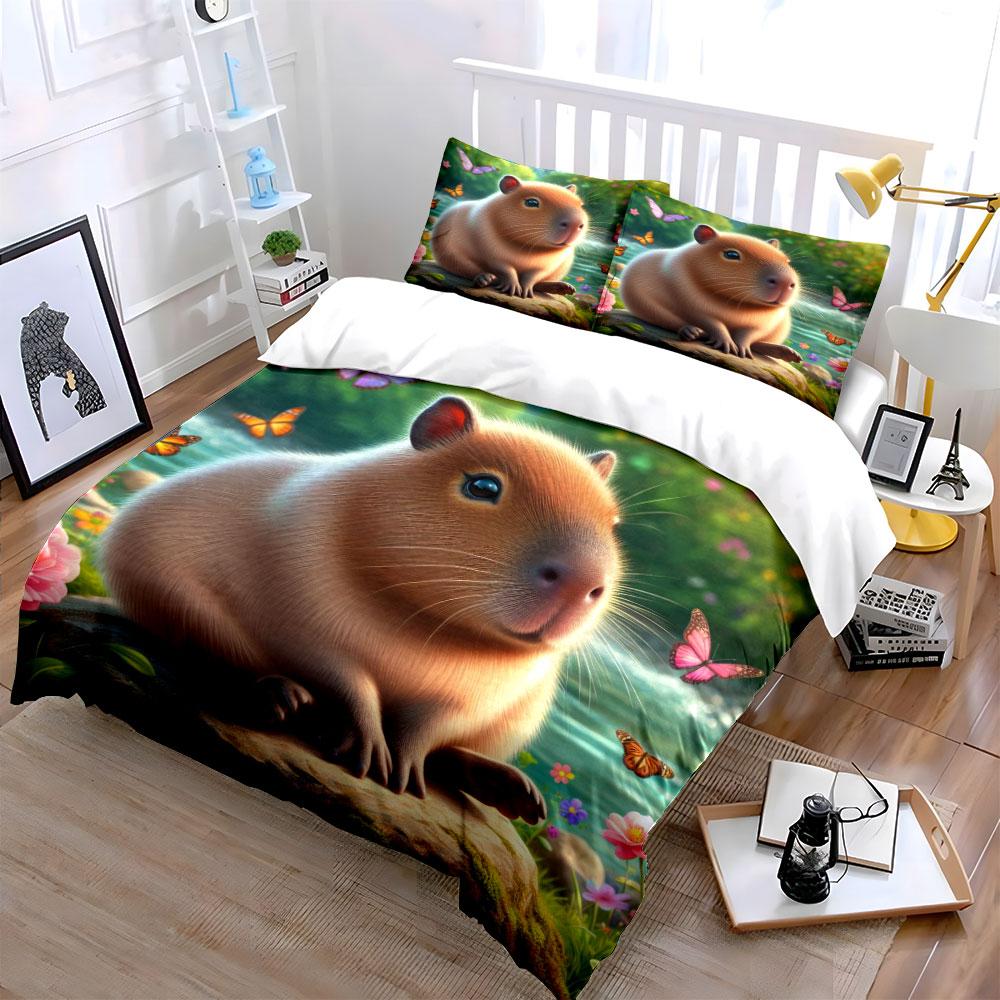 Adorable Capybara with Fluttering Butterflies Print Bedding Set 1 Duvet Cover 2 Pillowcases for Adult and Children Luxury Gift