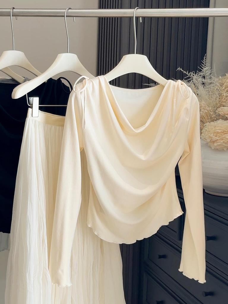 Korean-Style Slim-Fit Flowy Collar Long-Sleeve Tee for Women - Elegant Spring Arrival