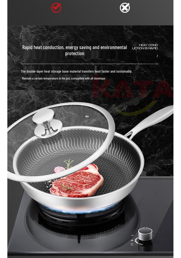 316L Stainless Steel Frying Pan for Home Use, Flat Bottom, Non-Coated, Ideal for Steak and Fried Eggs, Compatible with Induction and Gas Stoves