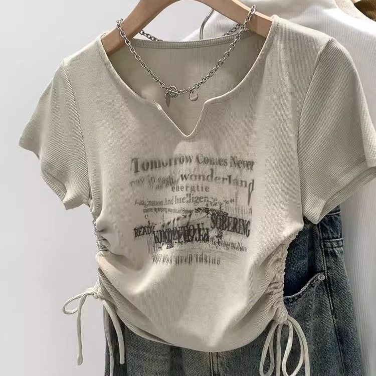 Vintage Letter Print Notched V Neck Short Sleeve Tee Double Side Drawstring Ruched Slim Fit Y2K Summer Top