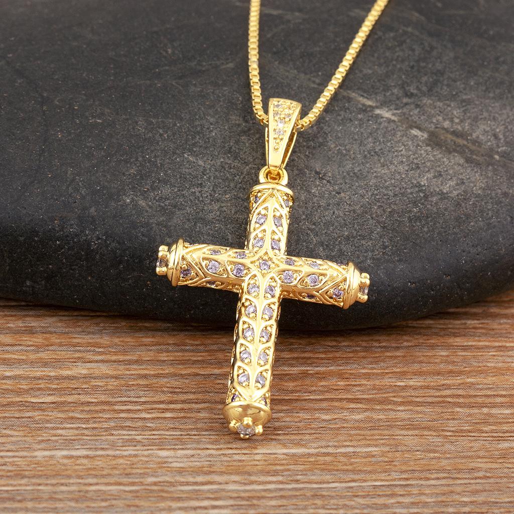 Nidin New Arrival Retro Column Shape Cross Pendant Necklace For Female Male Irregular Geometric Shine Zircon Jewelry Accessories