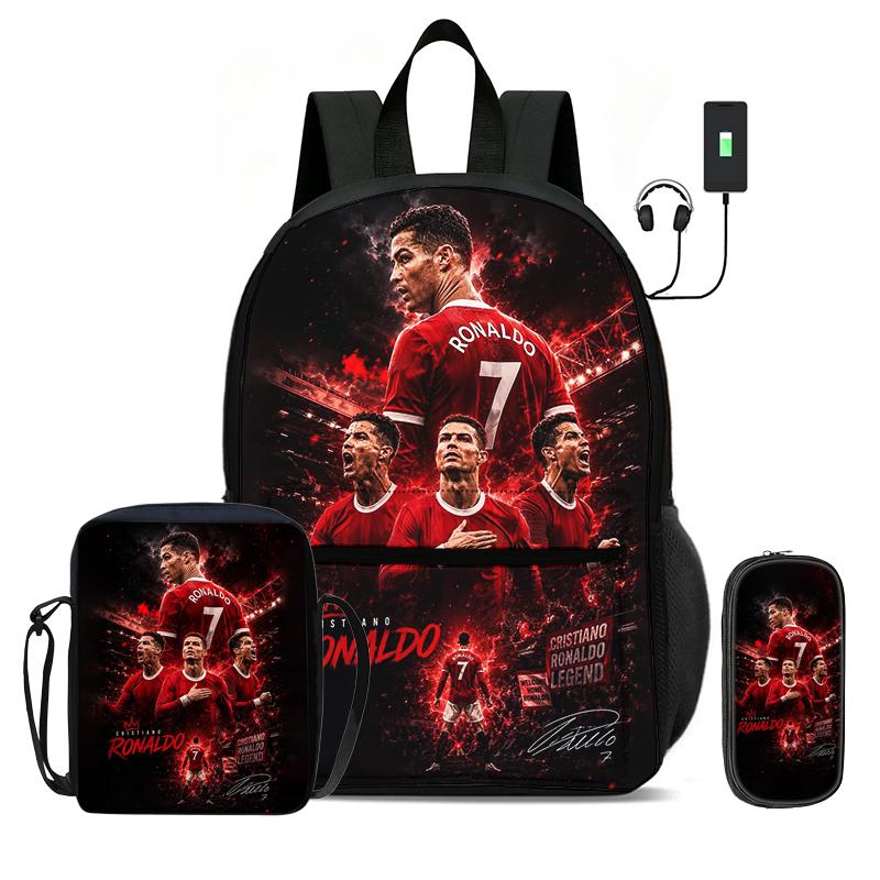 Learn, Travel Football Sport Rucksack Ronaldo 3 Pcs Set Kids Backpack Shoulder Bag, Pencil Bag, Football Star Knapsack