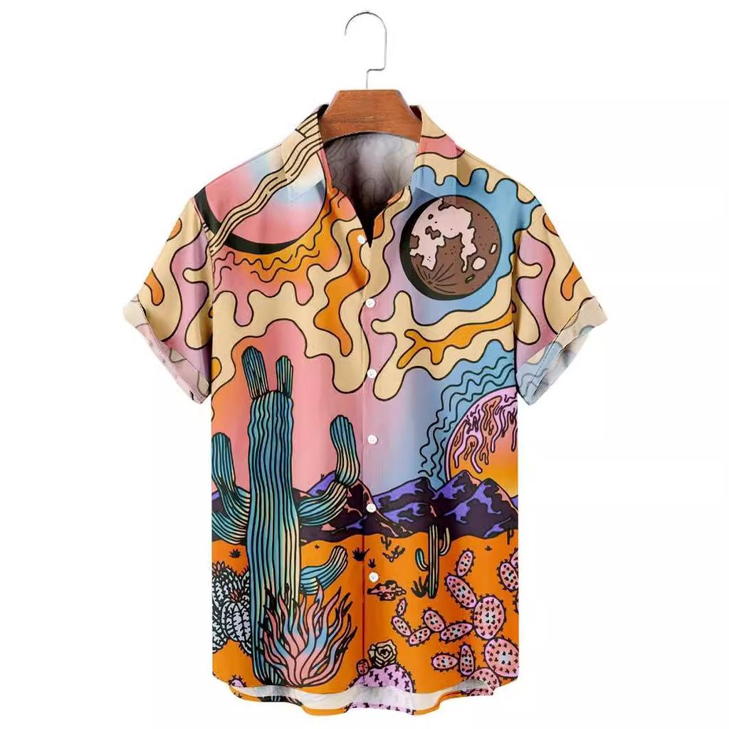 Summer Essential! Hawaiian Short Sleeve Shirt with Tropical Beach Landscape Print