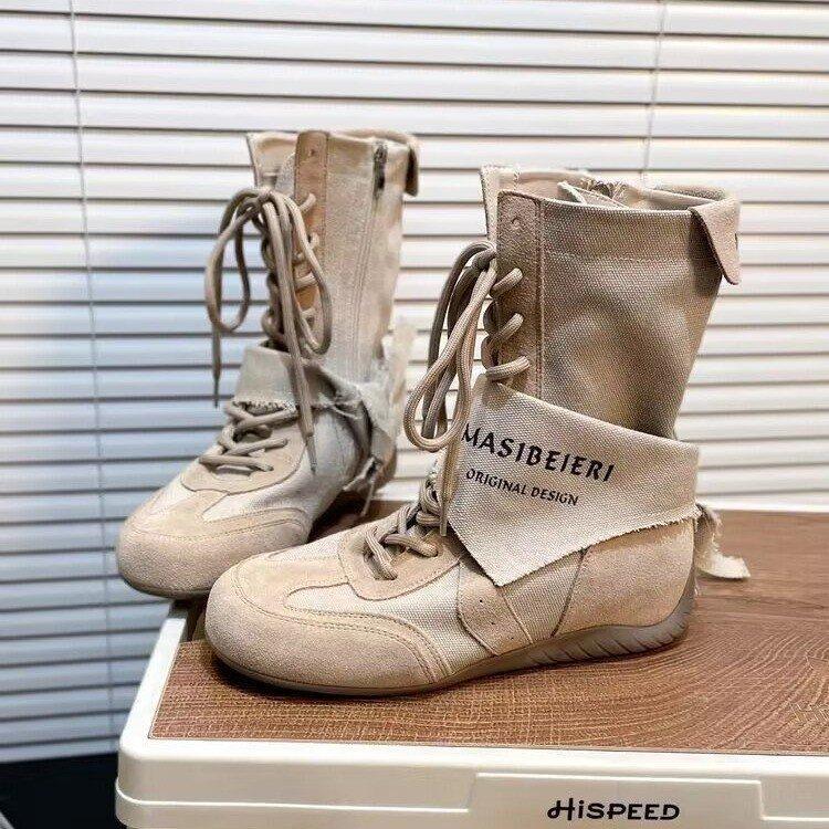 Grape Mother Studiolee Height Increased by 4cm~ Wasteland Wind Triangle Towel Strap Medium Tube German Training Boxing Boots Women