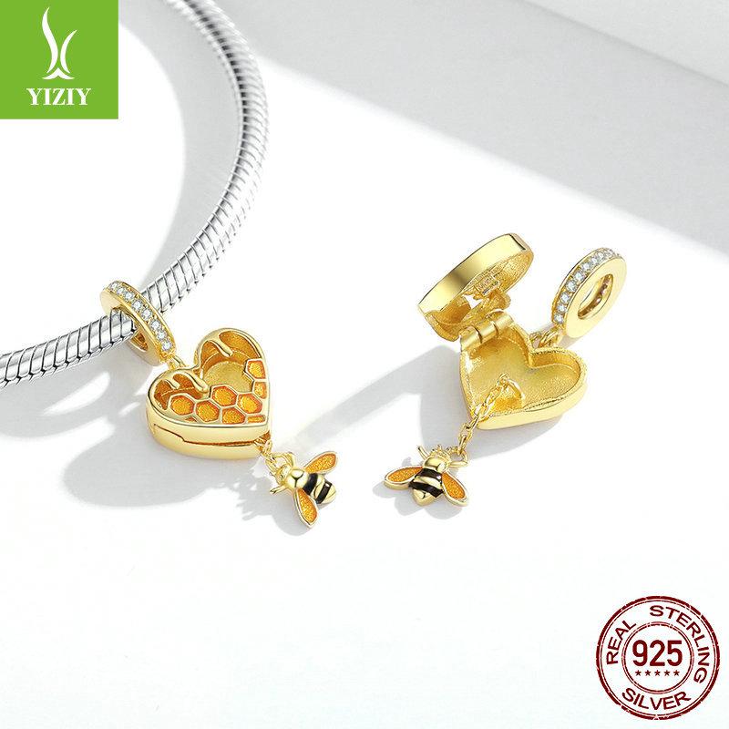 Yinziyun s925 Silver Love Honeycomb Beads: Gold-Plated Bee, Openable Trendy DIY Jewelry Accessory
